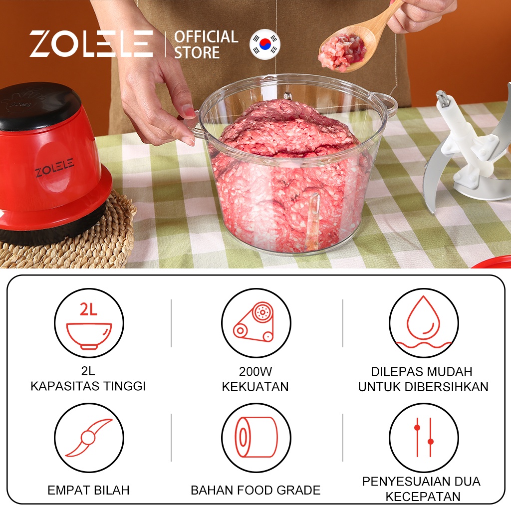 ZOLELE Electric Blender Chopper 2L Multifungsi Alat Pemotong Sayuran Daging 4 in1 Penggiling Listrik Kebisingan Rendah Pengaduk Food Vegetable Onion Slicer Penggiling Cabe Cutter Fruit Slicer Grater Processor ZD001