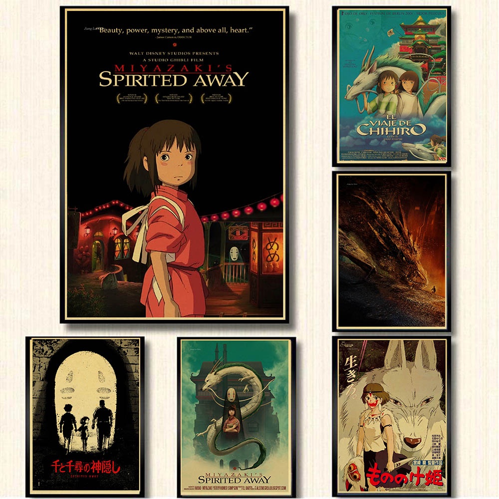 Retro Posters Spirited Away Hayao Miyazaki Cartoon Movie Poster Kraft Paper Painting Stickers Wall Hanging Painting Printed Draw