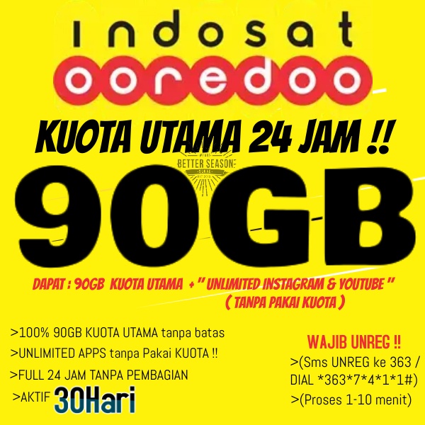 Kuota indosat 60GB Unlimited Jumbo full 24 jam kuota utama 60gb 50gb 25gb paket data indosat 30hari