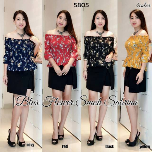 domdom Bayar COD DDC5805 Smoke Sabrina Flower Blouse Import bahan bubble HQ murah