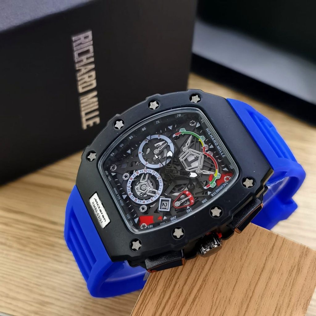 JAM TANGAN PRIA RM45 TALI RUBBER CHRONOGRAPH TANGGAL AKTIF DM 4.3CM FREE BOX  || JAM TANGAN FASHION PRIA