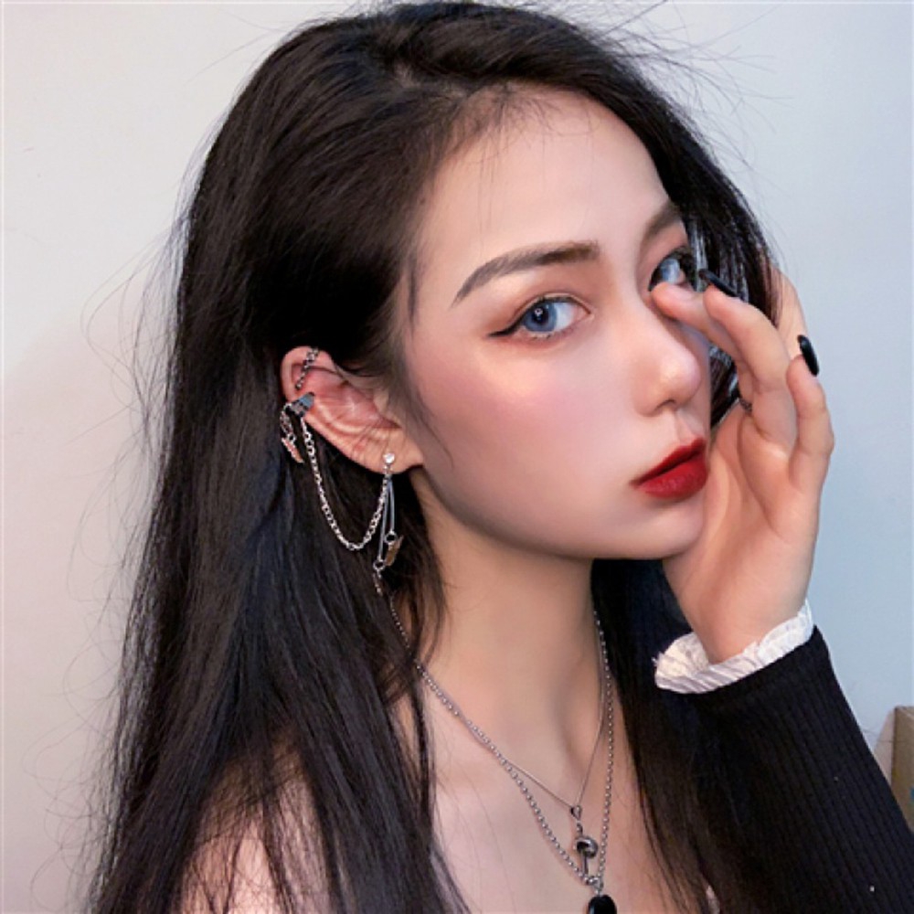 1pc Anting Klip Rantai Panjang Wanita Bentuk Kupu-Kupu Gaya Punk Hip Hop #261141322