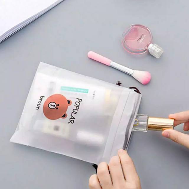 Kantong Serut Transparant Popular Broun /Pouch Traveling / Bag Traveling