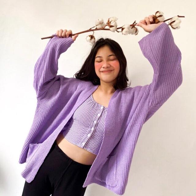 Maruko Cardigan Rajut Tebal Premium Oversize Cardigan Kantong-Soft purple