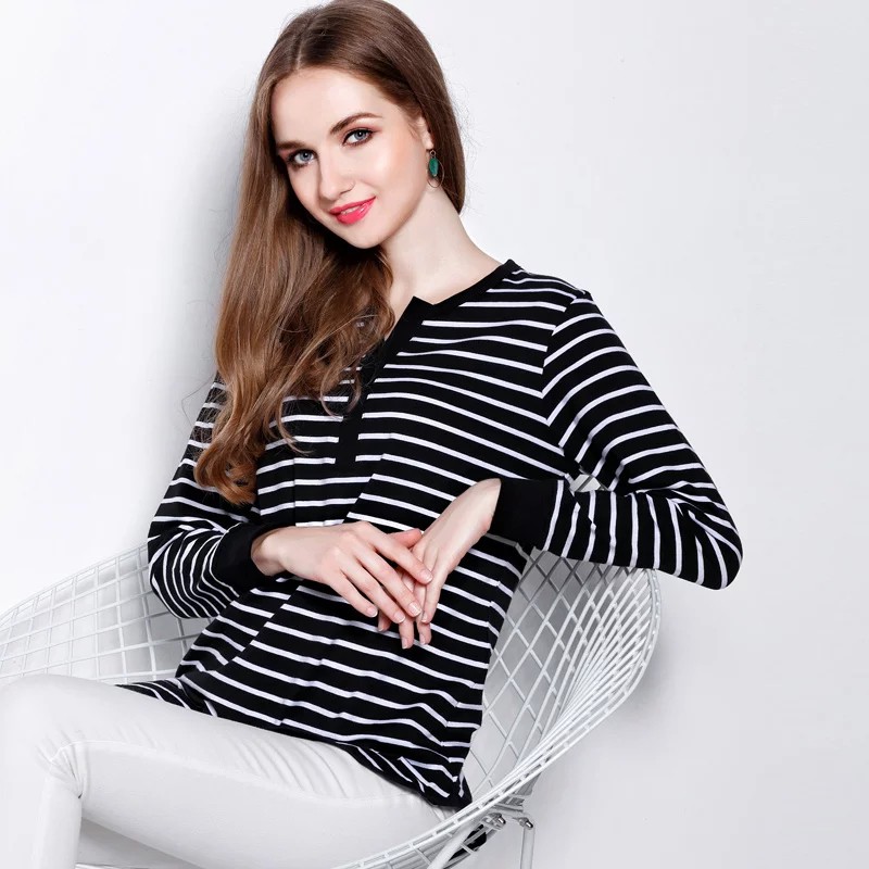 Blouse Tangan Panjang Wanita Gaya korea corak Salur - XSHOP Tsania