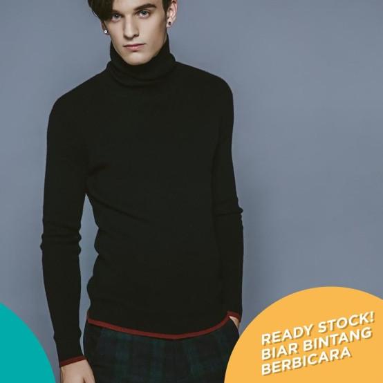 BAJU KAOS LEHER TINGGI POLOS LENGAN TANGAN PANJANG TURTLENECK PRIA - L - Hitam