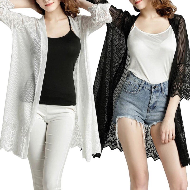 Cardigan Outer Midi Brokat Lace  putih dan hitam Impor HK