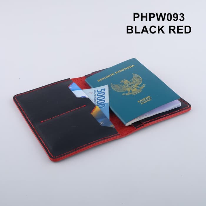 Dompet Passport simpel kulit sapi asli warna hitam merah - PHPW093