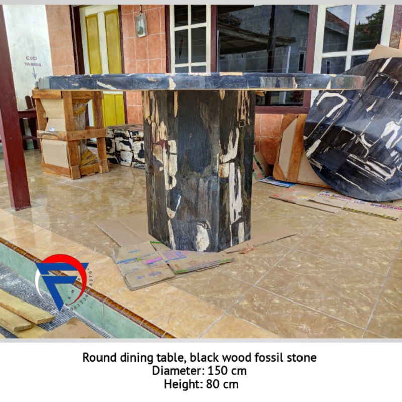 Meja makan bulat kaki segi 8 batu fossil kayu hitam motif tempel D.150 T.80 free ongkir
