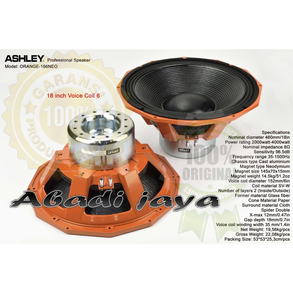 ASHLEY Orange 186neo Komponen Speaker 18 inch ASHLEY ORIGINAL