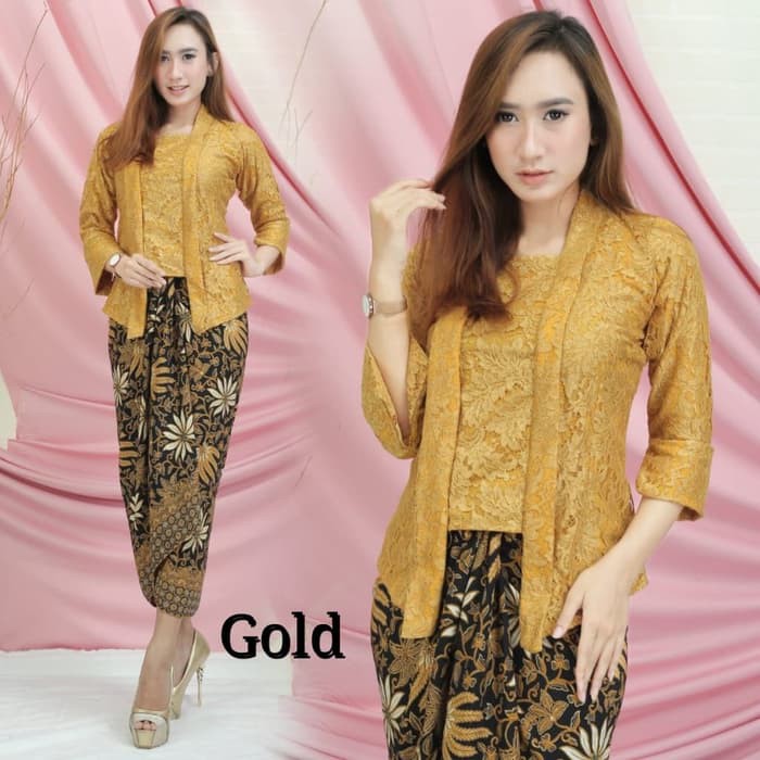 Setelan Kebaya Modern Brukat Model Kutubaru, Set Kebaya Wisuda Brokat Aneka Pilihan Warna-SET GOLD
