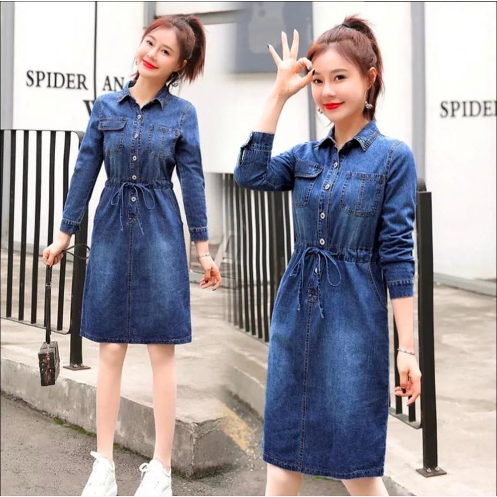 VOUZY || DRESS JEANS WANITA / DRESS LENGAN PANJANG WANITA / DRESS JEANS CANTIK / DRESS JEANS KOREA