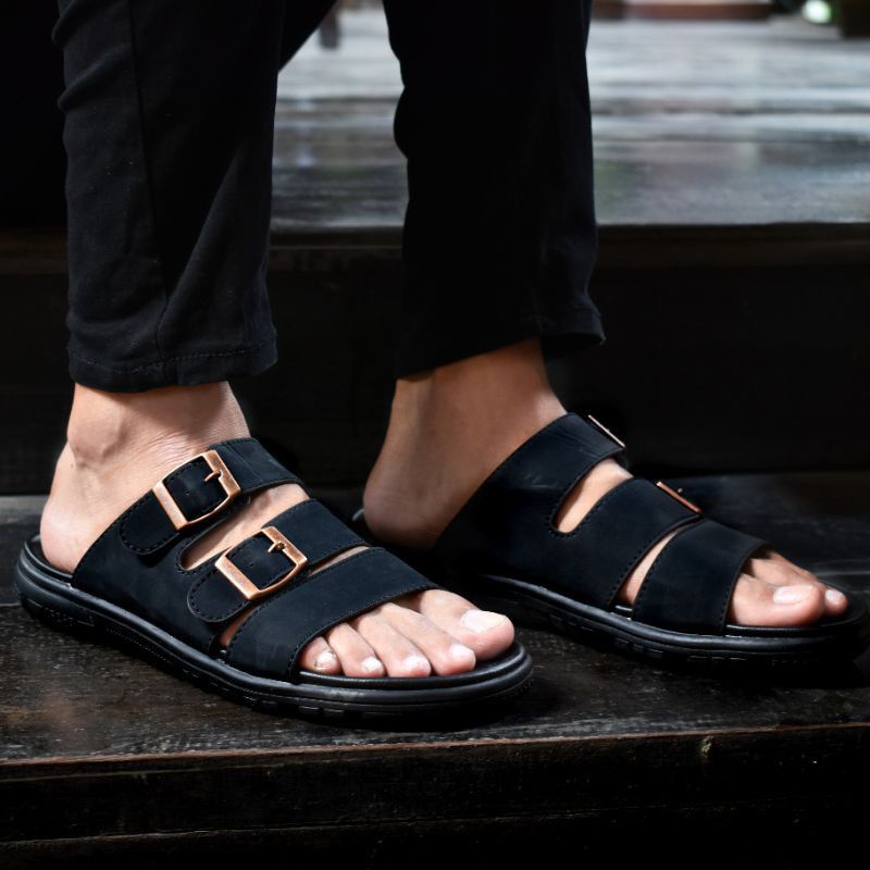 Sandal L-Track tiga ban sandal kulit puyu sandal pria dewasa