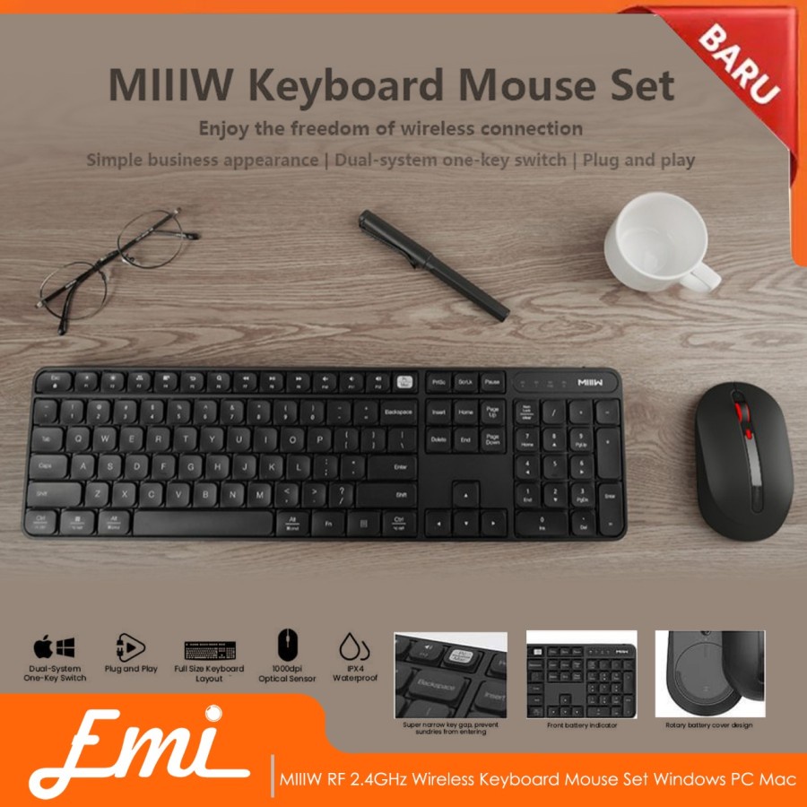 MIIIW RF 2.4GHz Wireless Keyboard Mouse Set Windows PC Mac