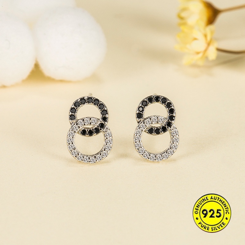 Anting Tusuk Sterling Silver 925 Desain Lingkaran Kecil Hias Zircon Hitam Putih Untuk Wanita