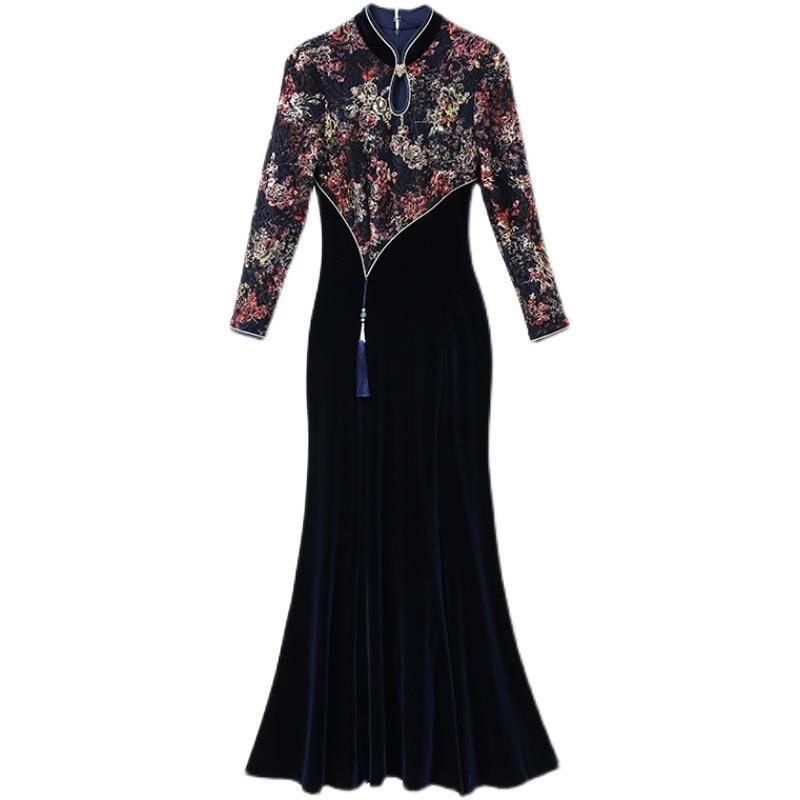 Original young cheongsam dress autumn and winter new velvet blue Embroidery Wedding mother fashion t