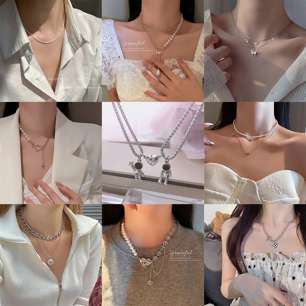 AY(CN) Kalung Rantai Choker Liontin Hati Kupu-Kupu Cherry Aksen Mutiara Warna Silver Untuk Aksesoris Perhiasan