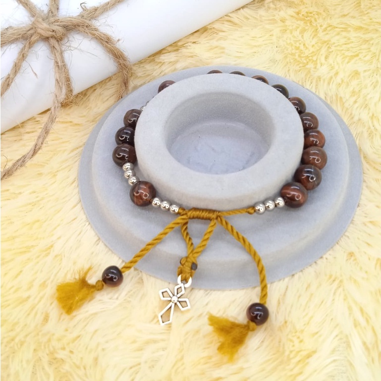 Gelang Rosario Batu Red Tiger Eye Manik Stainless