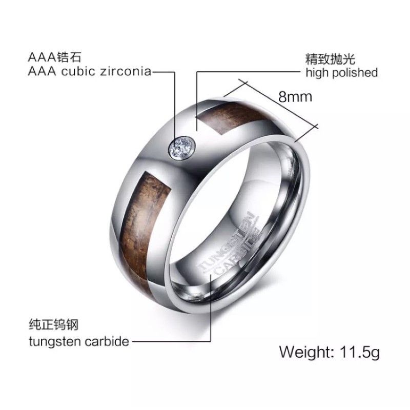 Cincin Pria Tungsten Carbide Original Motif Hawaii Koa Wood Cubic Zirconia Premium Quality