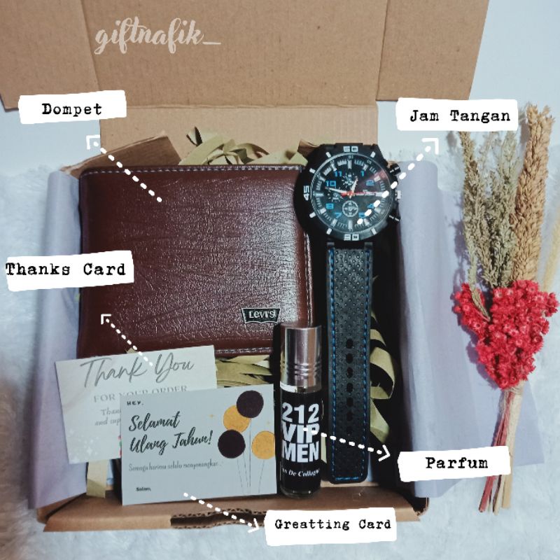 

Gift Box Cowok/Kado Ulang Tahun Cowok/Hampers Jam Tangan Parfum Dompet Cowok