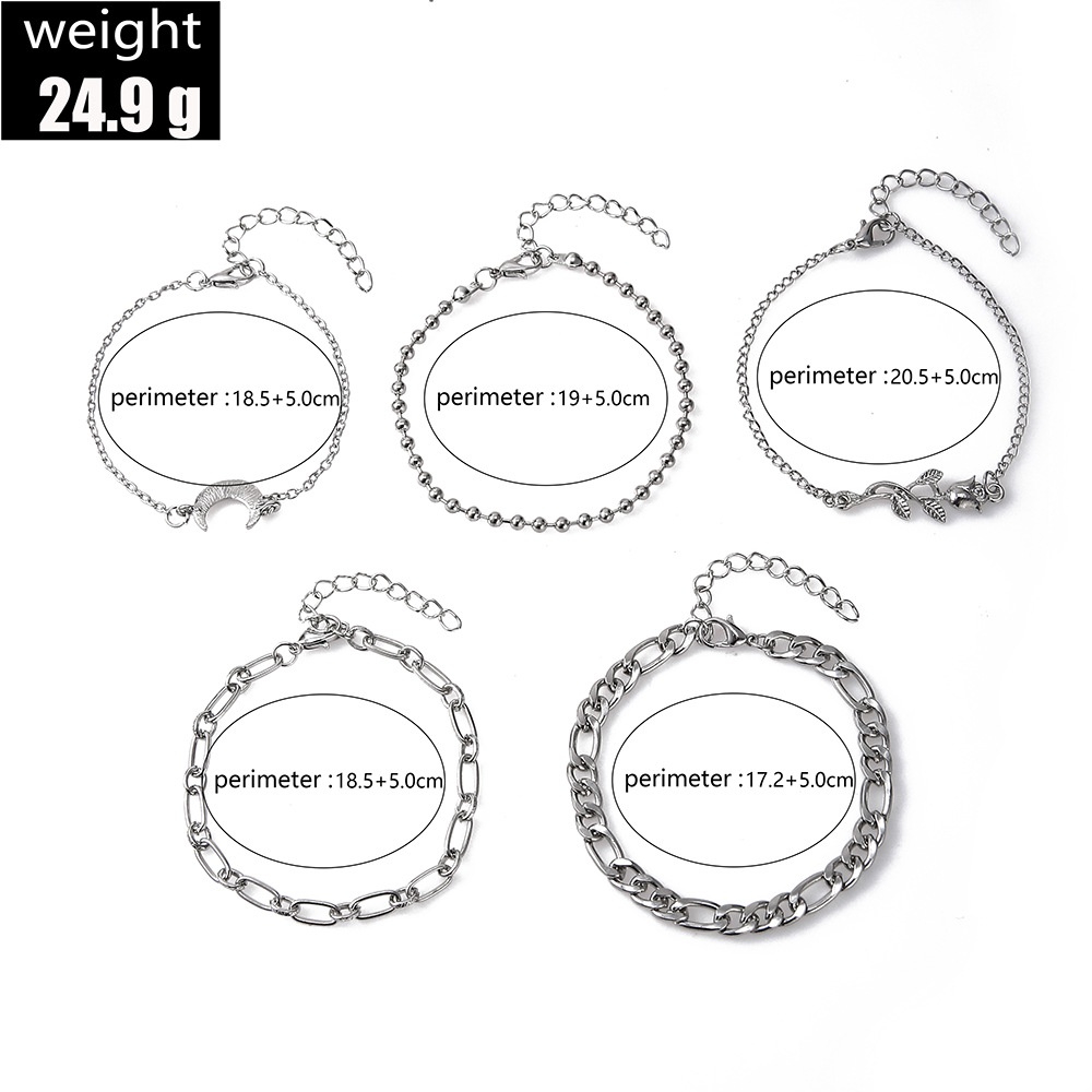 【COD Tangding】5pcs / set Gelang Tangan Rantai Ornamen Bulan Sabit Mawar Salib Daun Untuk Wanita