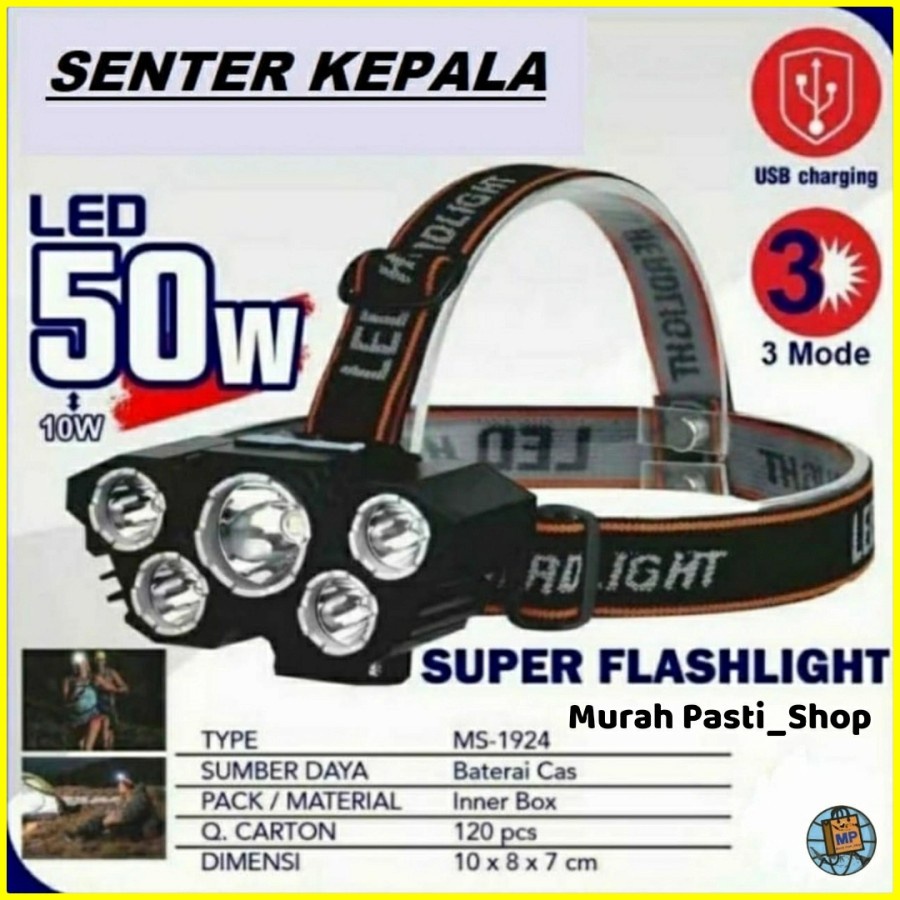 Senter Kepala 50 Watt 5 Led Rechargerable 3 Mode Cahaya MURAH