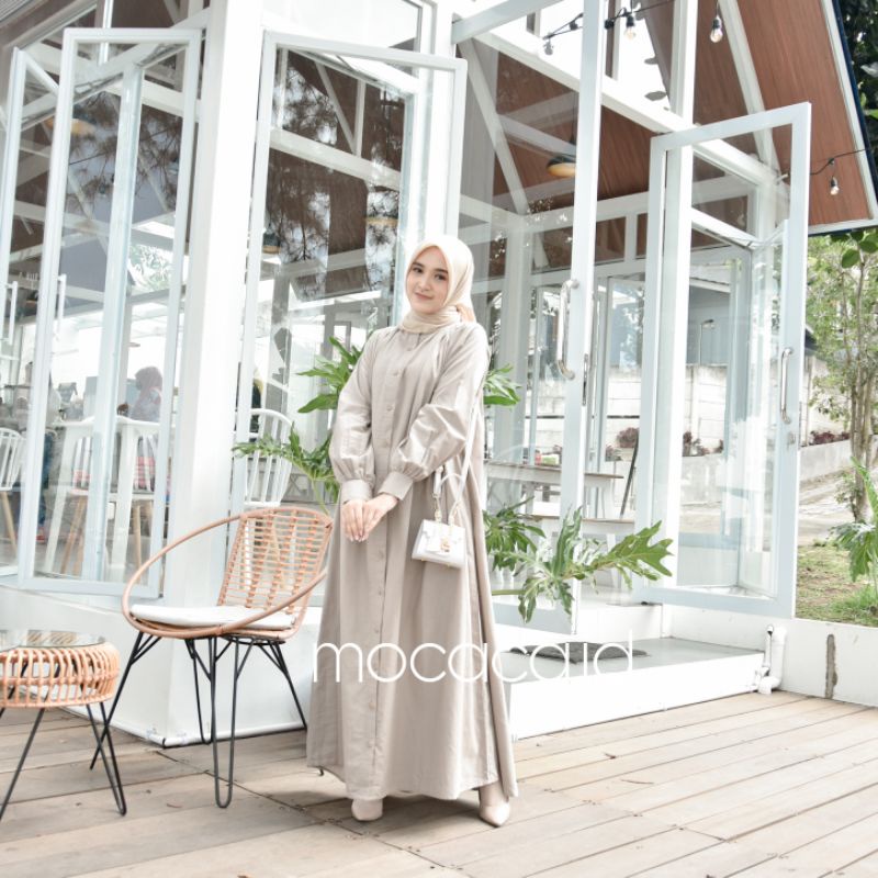 Dress Cream Elegan Ootd Hijabers bahan katun linen rami lengan kancing casual klasik dovey