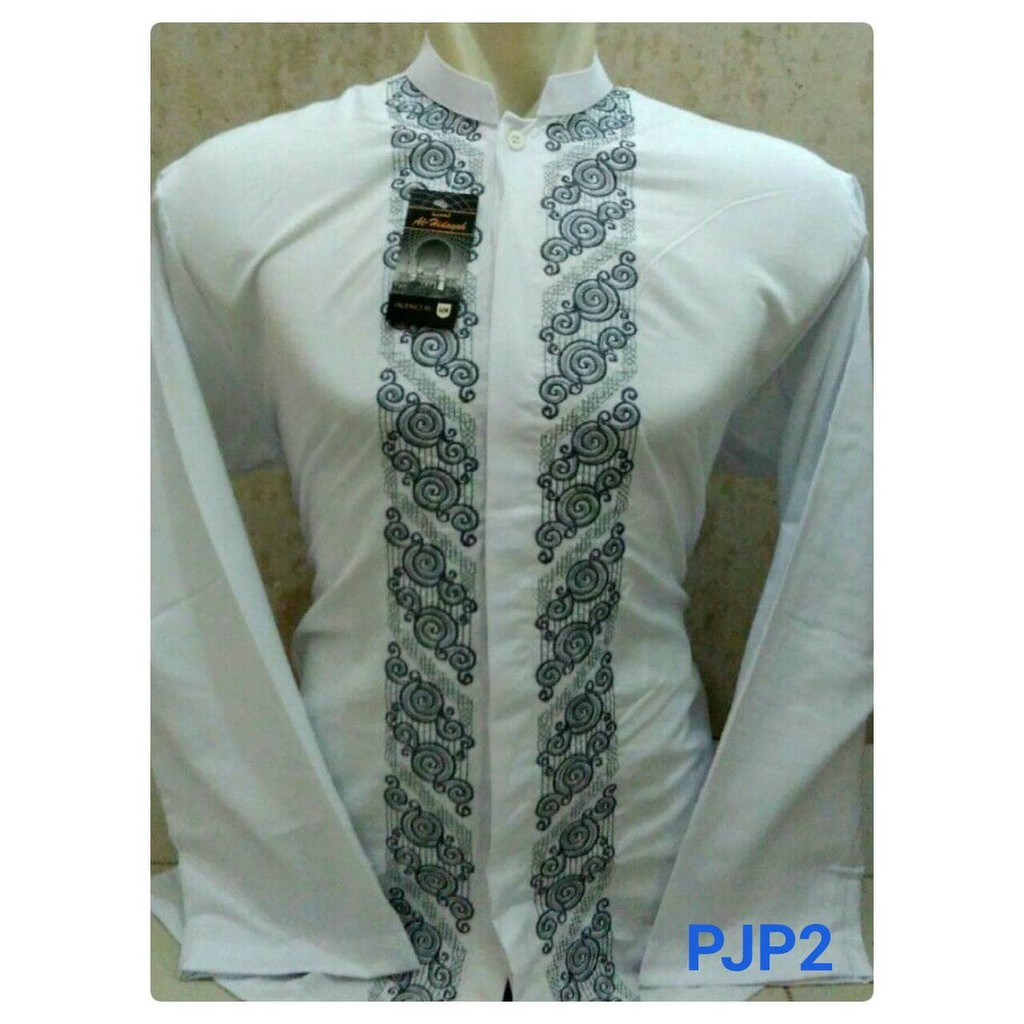 NEW Baju Koko Lengan Panjang Katun Paris Bordir Putih MEWAH