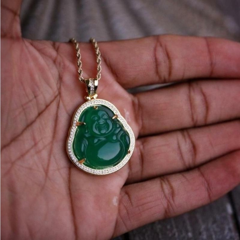 Kalung Liontin Batu Giok Maitreya Budha Bluestone Natural Untuk Pria Dan Wanita