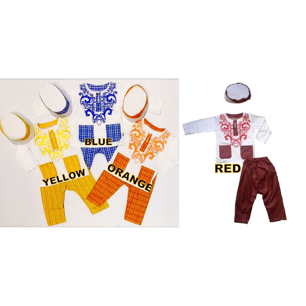 Setelan Baju Koko Celana Peci Putih Batik Kotak Merah Orange Biru 1 2