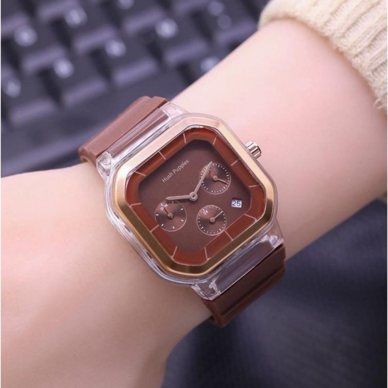 Jam Tangan Wanita Cewek Hush Puppies Segi Strap Rubber Tanggal Aktif