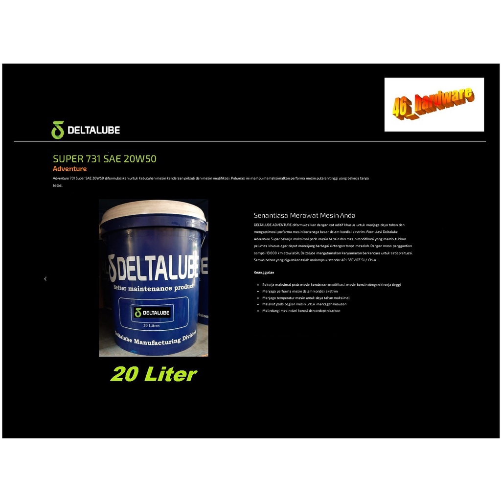DELTALUBE ADVENTURE SUPER 731 OLI MOBIL BENSIN DIESEL 20W50 PAIL 20L - 46_hardware