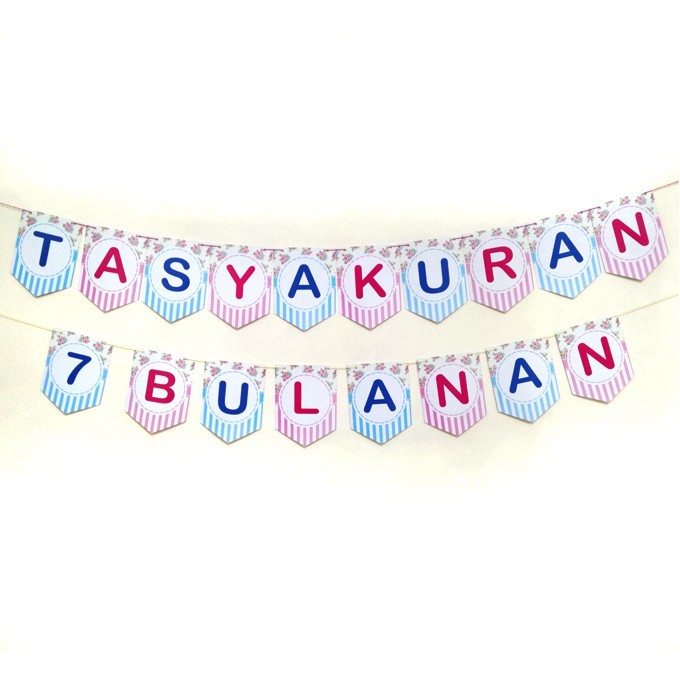 BUNTING FLAG BANNER DEKORASI 4 7 BULANAN/ AQIQAH/ HAPPY ENGAGEMENT/ BIRTHDAY/ BABY SHOWER PINK BIRU