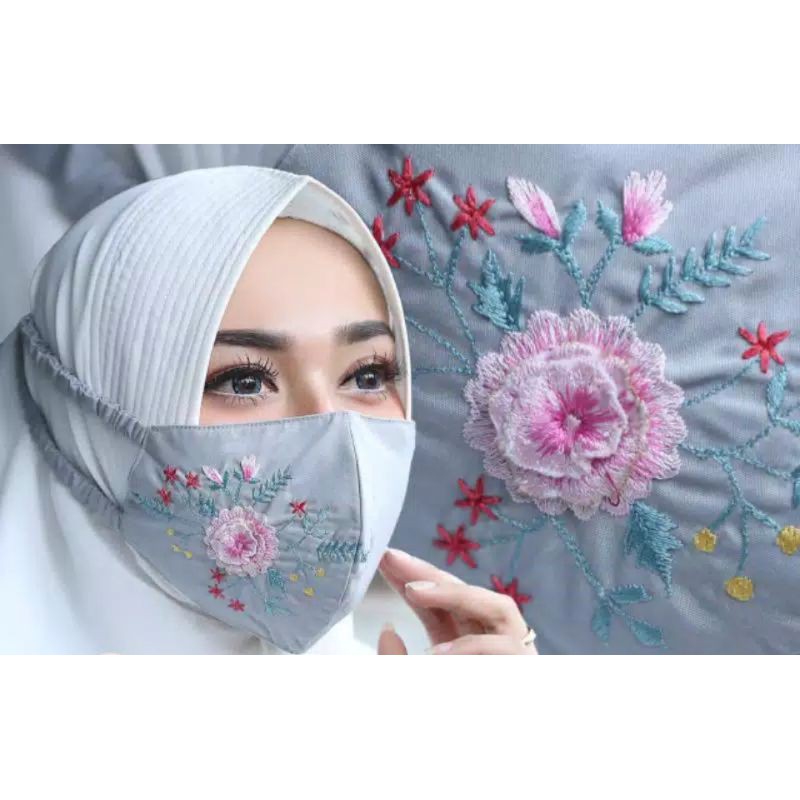 Masker Kain Bordir Bunga | Masker Fashion Hijab | Masker Cantik