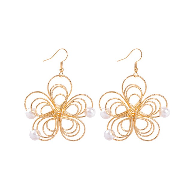 LRC Anting Gantung Fashion Gold Alloy Openwork Flower Pearl Earrings F77868