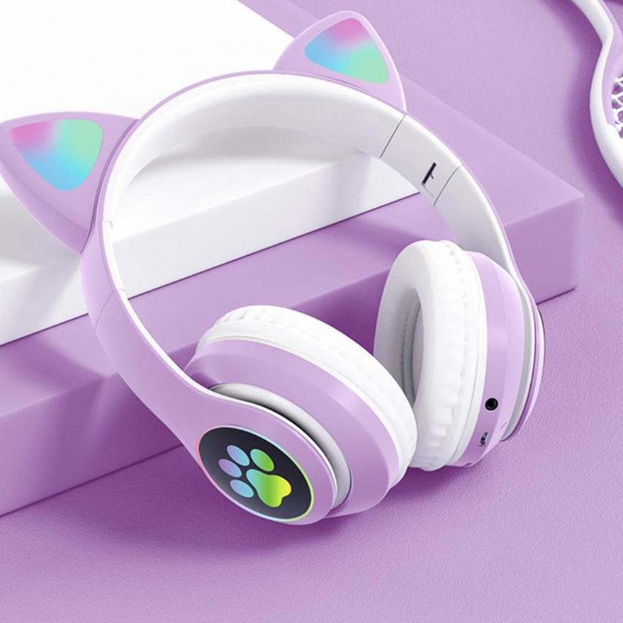 0GF✧ Headphone kucing karakter Gaming Bluetooth Wireless game headset Cat Ear bando anak perempuan c