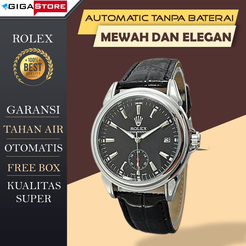 JAM TANGAN PRIA ROLEX SKELETON R01 BLACK SILVER AUTOMATIC ANALOG TALI KULIT STAINLESS ANTI AIR COWO