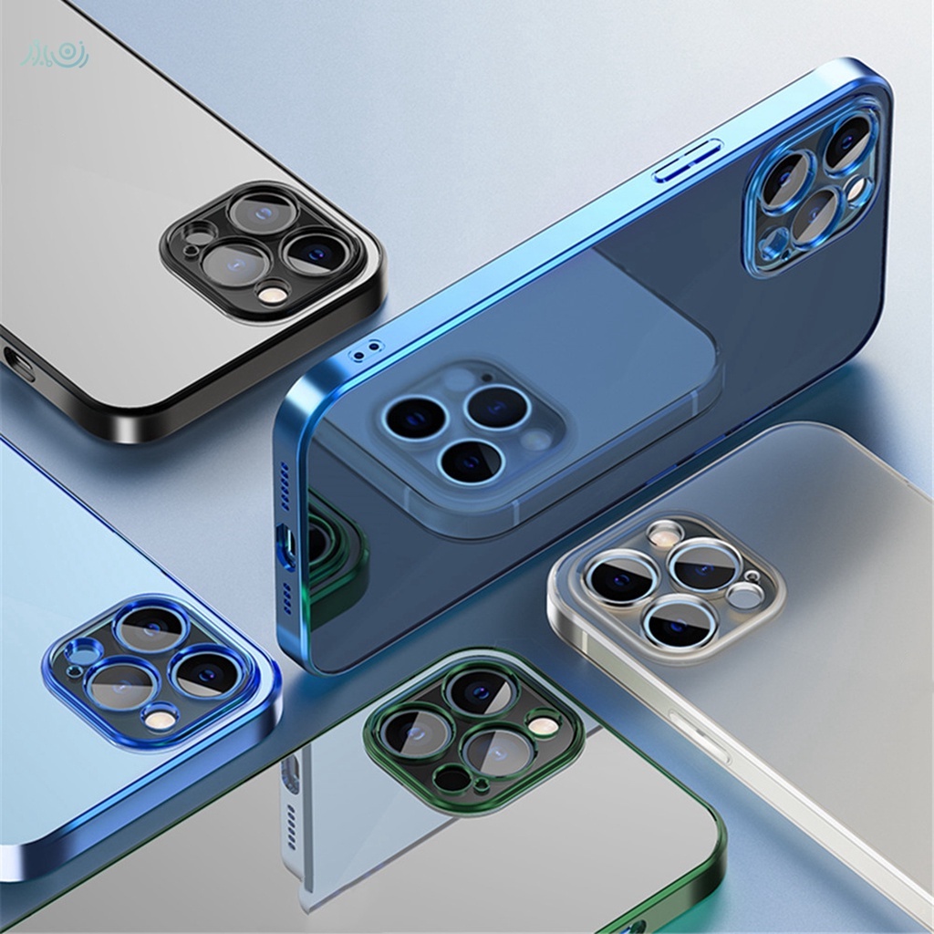 【Sierra Blue】Luxury Plating Square Frame Soft Silicone Case for iPhone 11 12 13 Pro Max XR X XS MAX  Transparent Cover