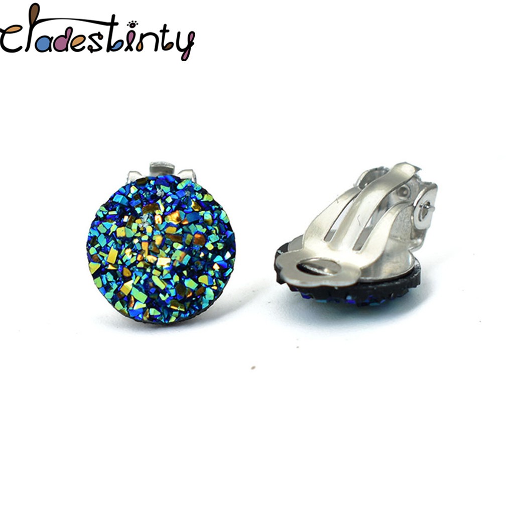 Chadestinty Anting Klip Tanpa Tindik Bentuk Bulat Bahan Resin Warna Silver / Biru / Putih Untuk Wanita