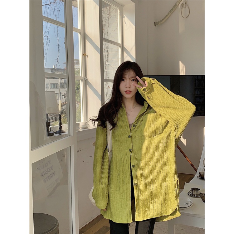 Kemeja Lengan Panjang Wanita Terbaru Crinkle Shirt Oversize Korean Style Blouse Import