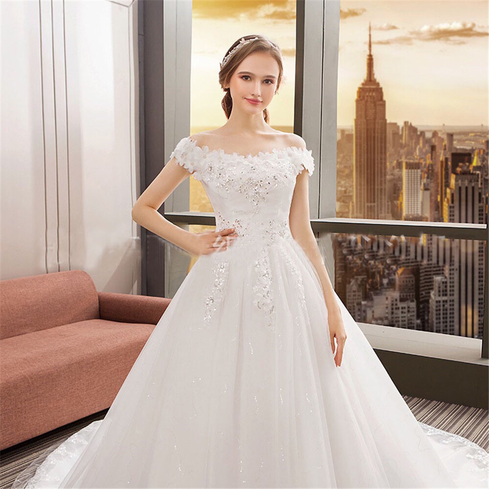 Putih Gaun pengantin lace Korean wedding dress Long tail Gaun pesta S-3XL