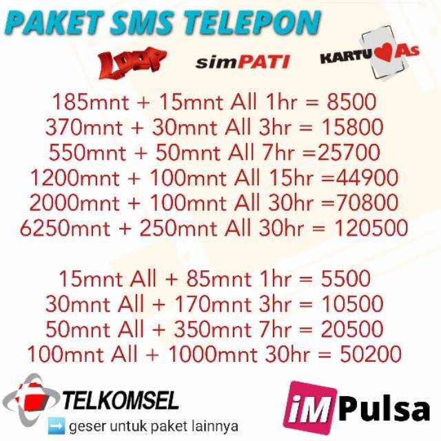 Paket Telepon SMS Telkomsel simPATI Kartu AS LOOP 50menit 1100menit 2100menit 300menit All Operator