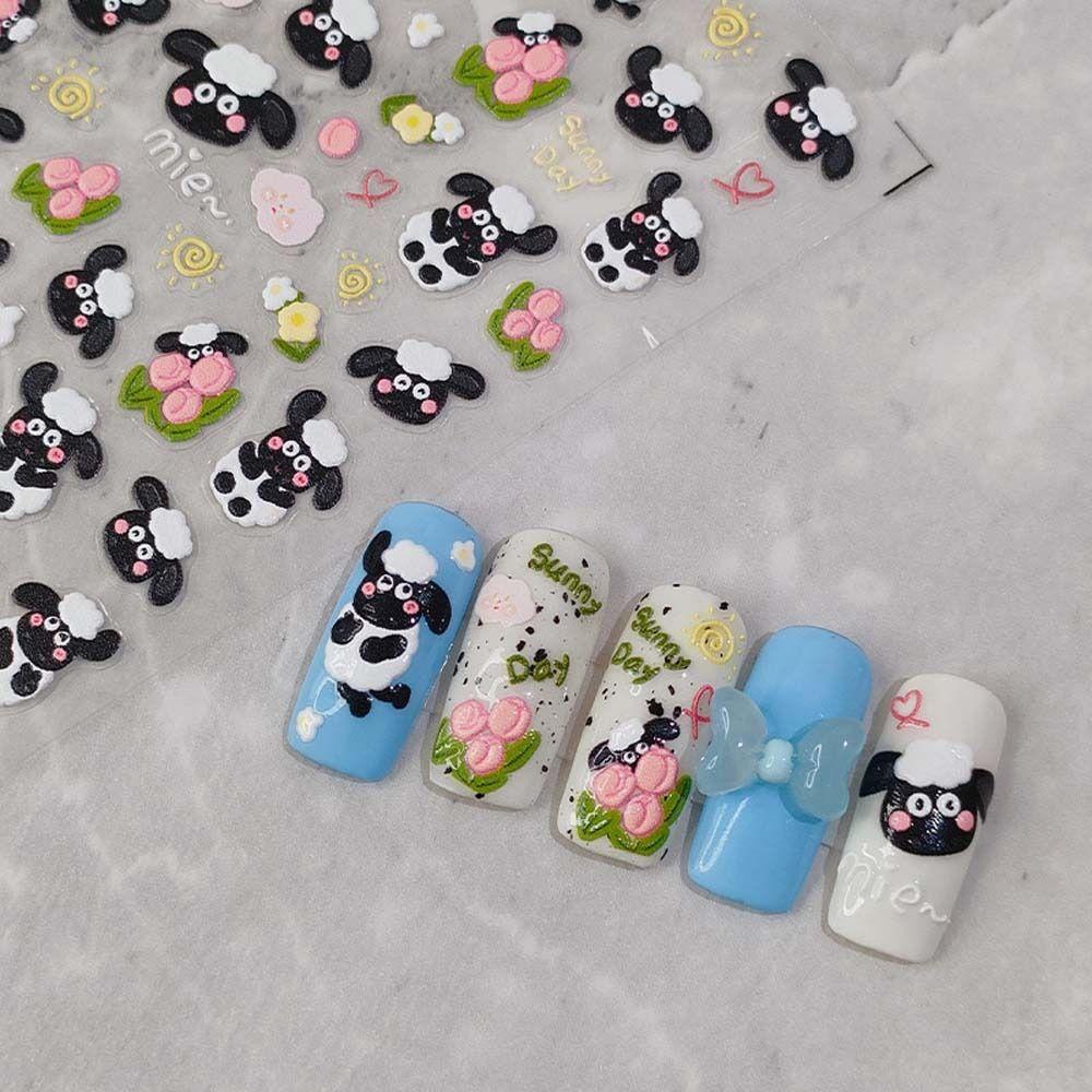 Mxbeauty Kartun Stiker Kuku Gaya Graffiti Perekat Diri Hewan Domba Bunga Nail Art Dekorasi