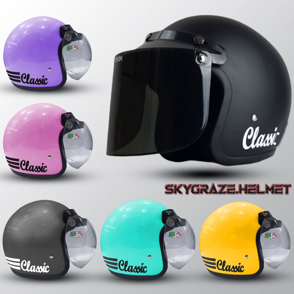 Helm Bogo Retro Classic SNI Dewasa Full Leher Kaca Cembung Kaca Datar Injak Hitam Bening Untuk Pria Dan Wanita COD