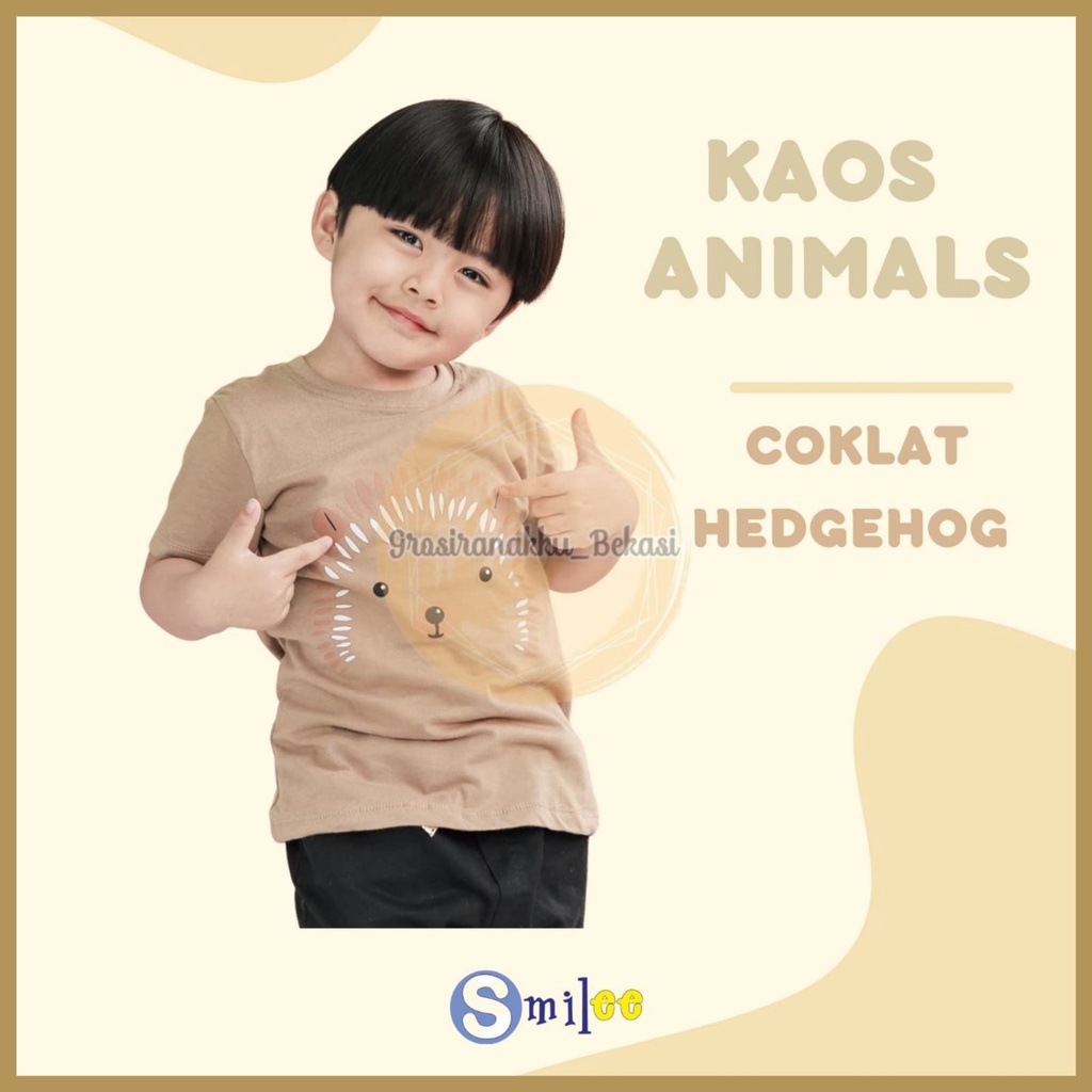 Kaos Anak Cowok Smilee Murah Animal Coklat Hedgehog Size 1-5Tahun