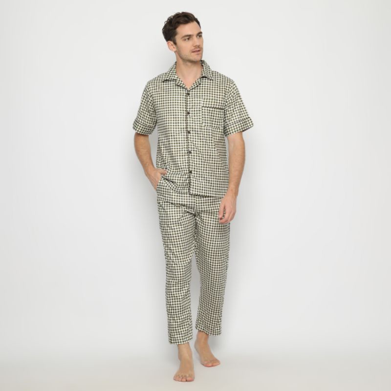HANA SLEEPWEAR PIYAMA / BAJU TIDUR PRIA / WANITA ( COUPLE )  100 % COTTON-Olive Gingham