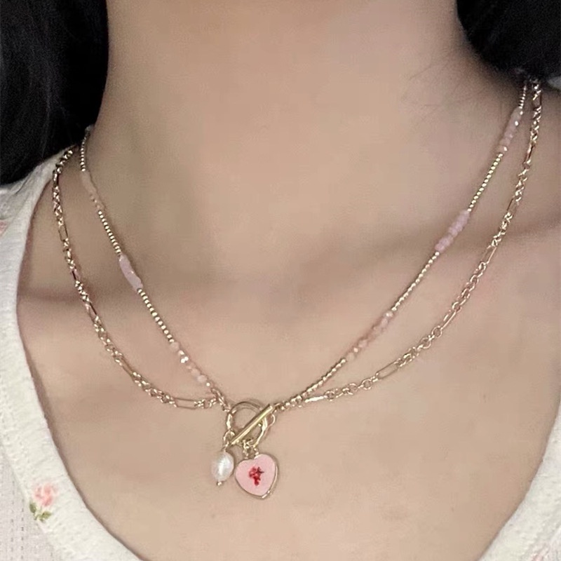 Kalung Rantai Dengan Liontin Hati / Bunga Peach Pink Ala Perancis Untuk Wanita