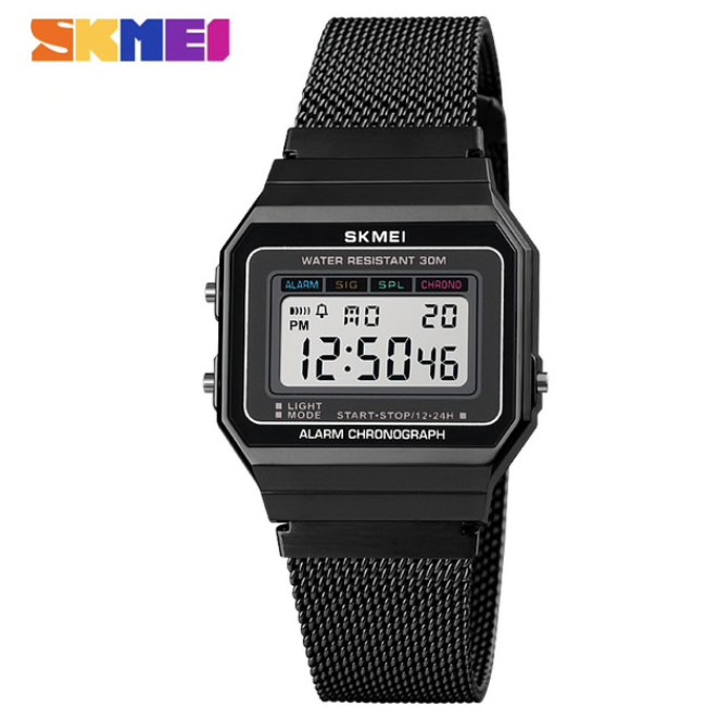 Jam Tangan Pria SKMEI 1639 Sport LED Watches Slim Dial Digital  Stainless Steel Band Waterproof