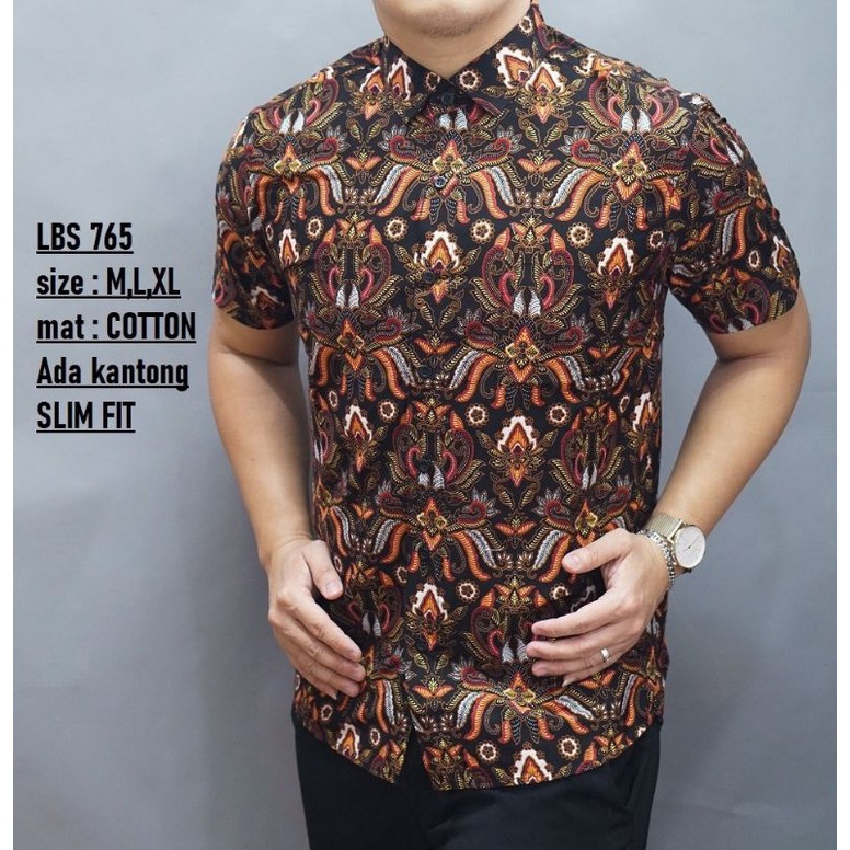 Baju Batik Pria || Kemeja Batik Pria Slimfit Lengan Pendek || Luigi Batani || HITAM COKLAT LBS1018