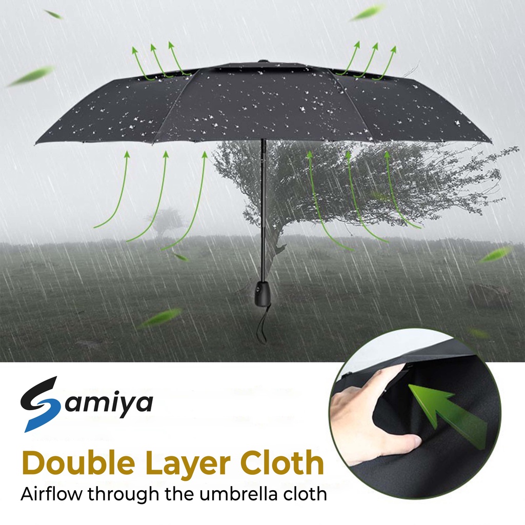 payung hitam lipat portable / umbrella wind resistant automatic / payung double layer / black umbrella